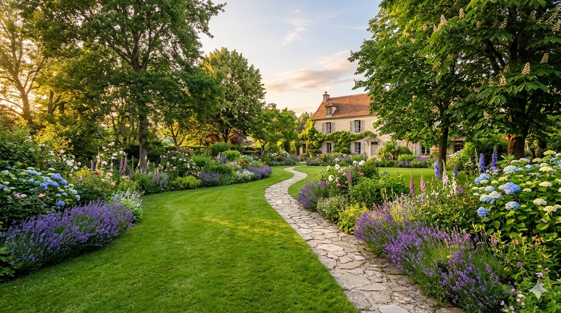 Jardin paysager avec allée en pierre, massifs fleuris et pelouse verte