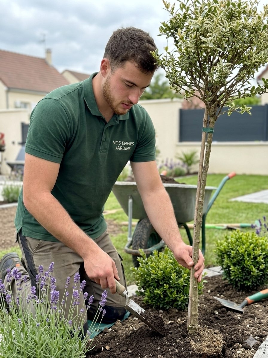 Paysagiste plantant un arbre d'ornement avec lavandes et buis dans un jardin résidentiel