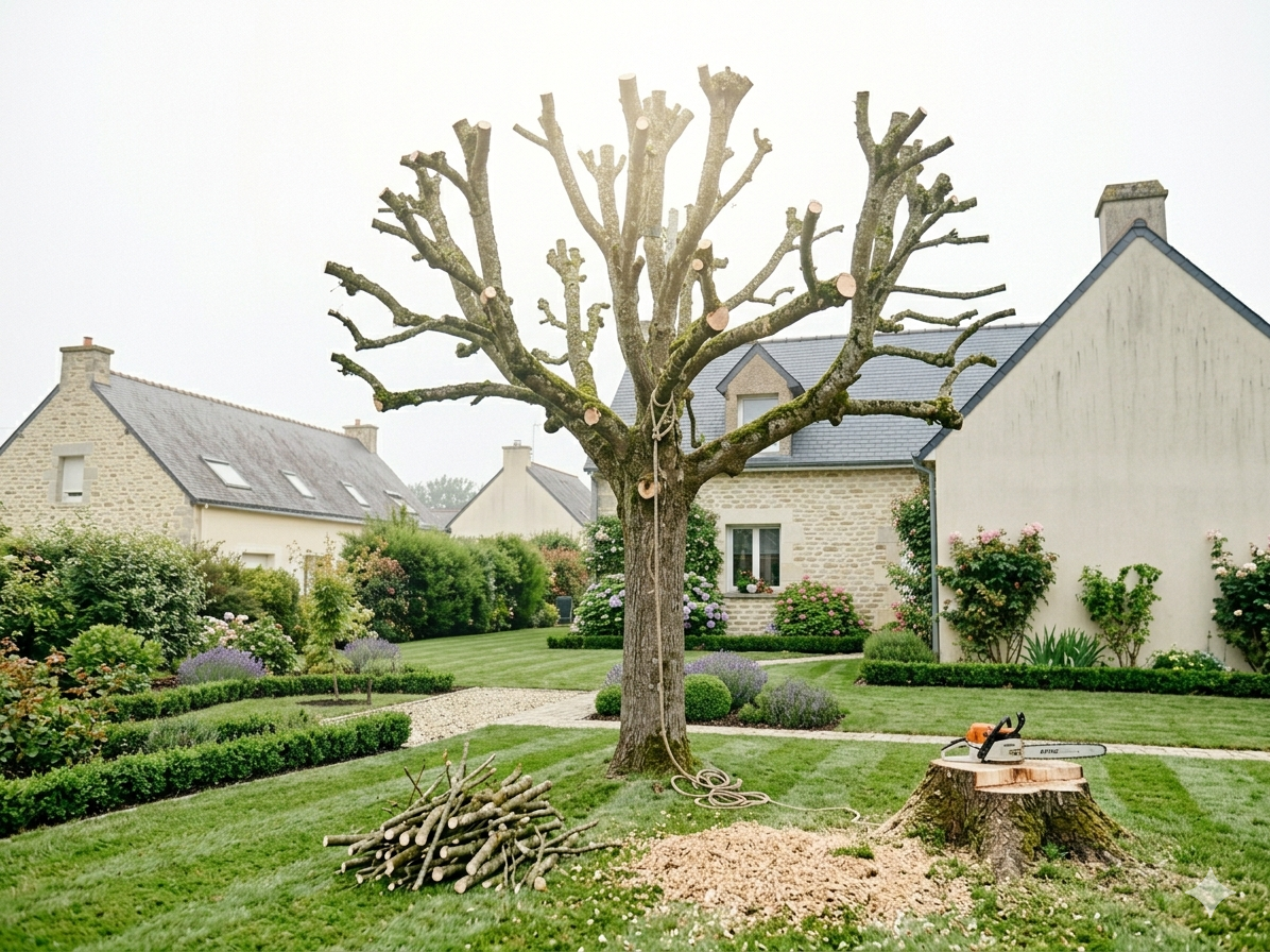 Arbre fraîchement élagué avec branches coupées au sol et tronçonneuse posée sur une souche dans un jardin résidentiel