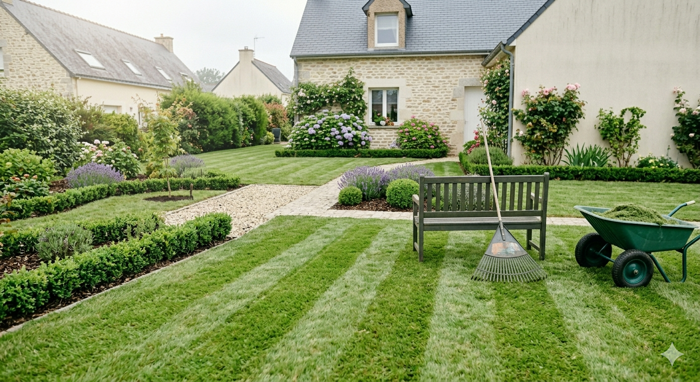 Pelouse fraîchement tondue avec bandes régulières, bordures de buis et massifs fleuris dans un jardin résidentiel