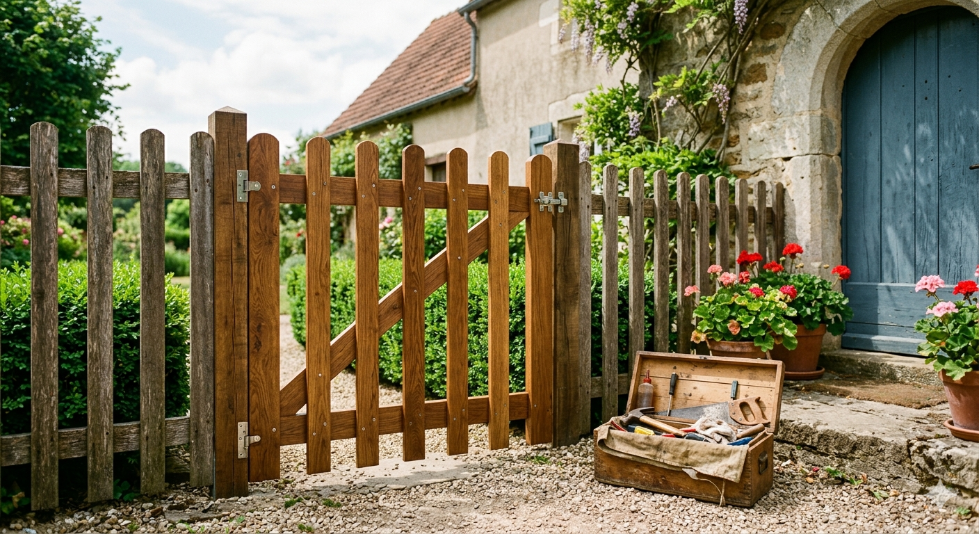 Portillon de jardin en bois neuf avec boîte à outils ouverte devant une maison française avec géraniums